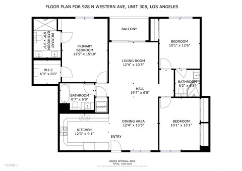 Floor plan for 3 beds, 3 baths, 1292 sqft